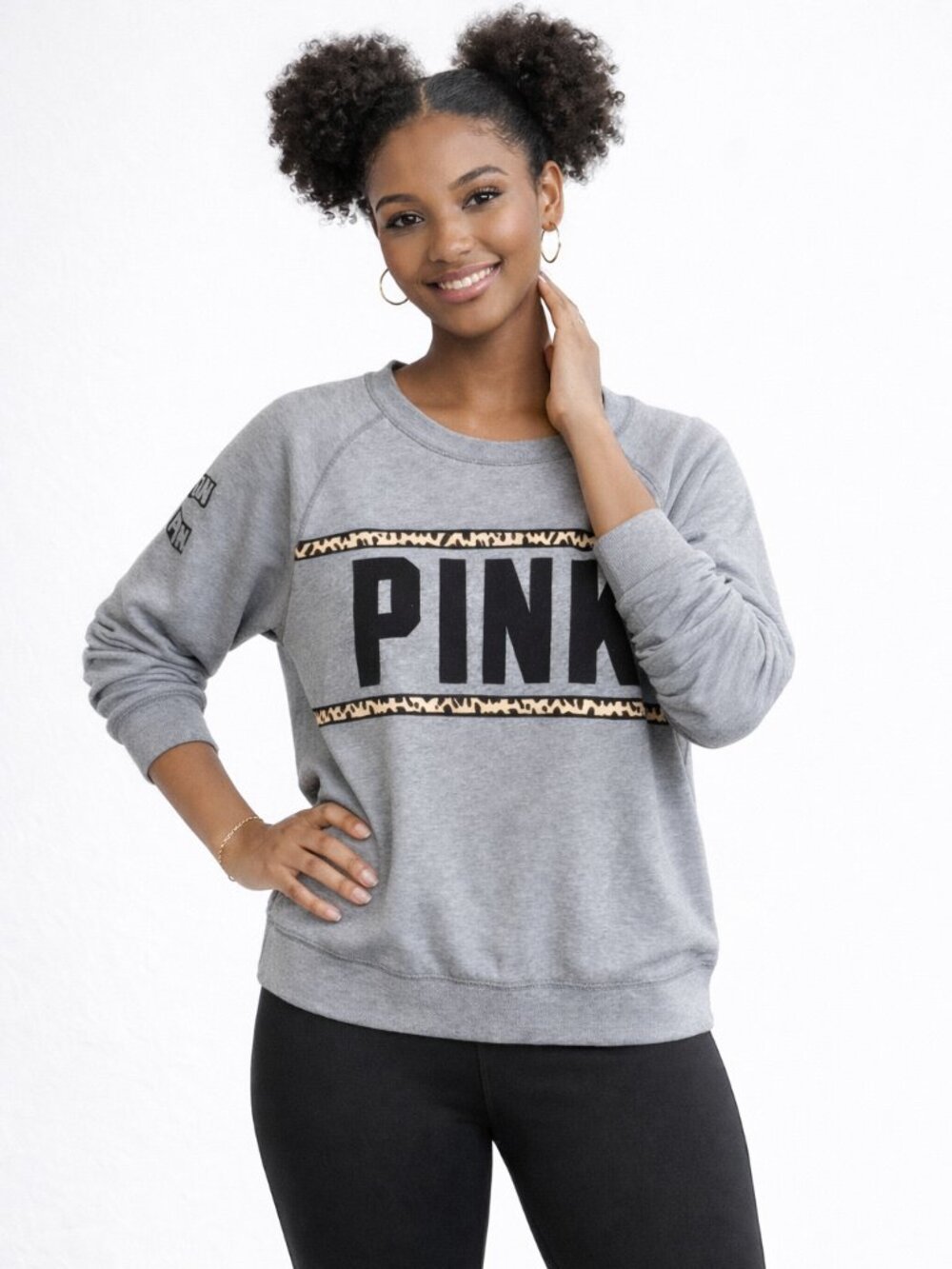 Victoria's Secret PINK Sweatshirt Womens Large Gray Cheetah Print Retro Crewneck